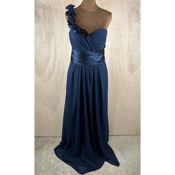 Bill Levkoff Navy One Shoulder Gown 8 Floral Strap Formal Wedding - Picture 2 of 8